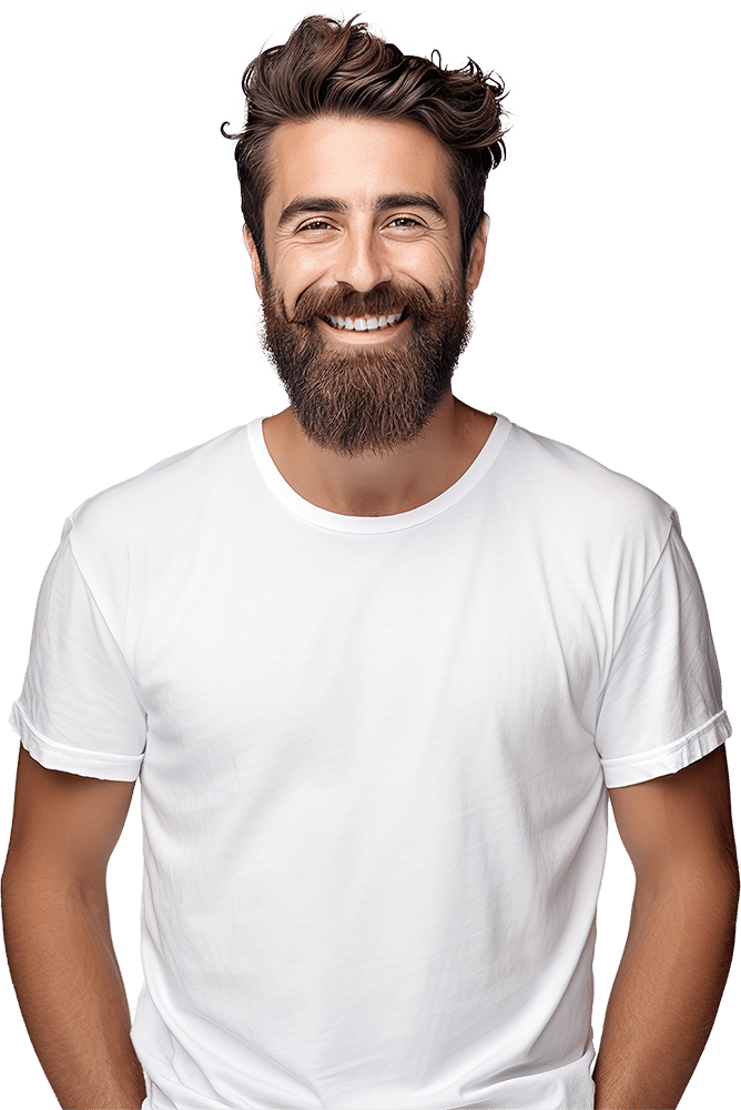 A man with a thick beard and styled, wavy hair smiles warmly at the camera. He is wearing a plain white T-shirt and stands against a blank background.