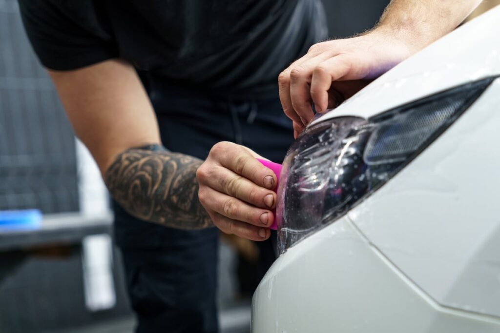 A person with a tattooed arm applies a protective film to a car headlight. The car is white, and the person is using a pink tool to adjust the film, ensuring it fits smoothly over the light.